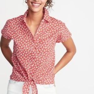 Old Navy Red Linen Floral Tie Shirt Small